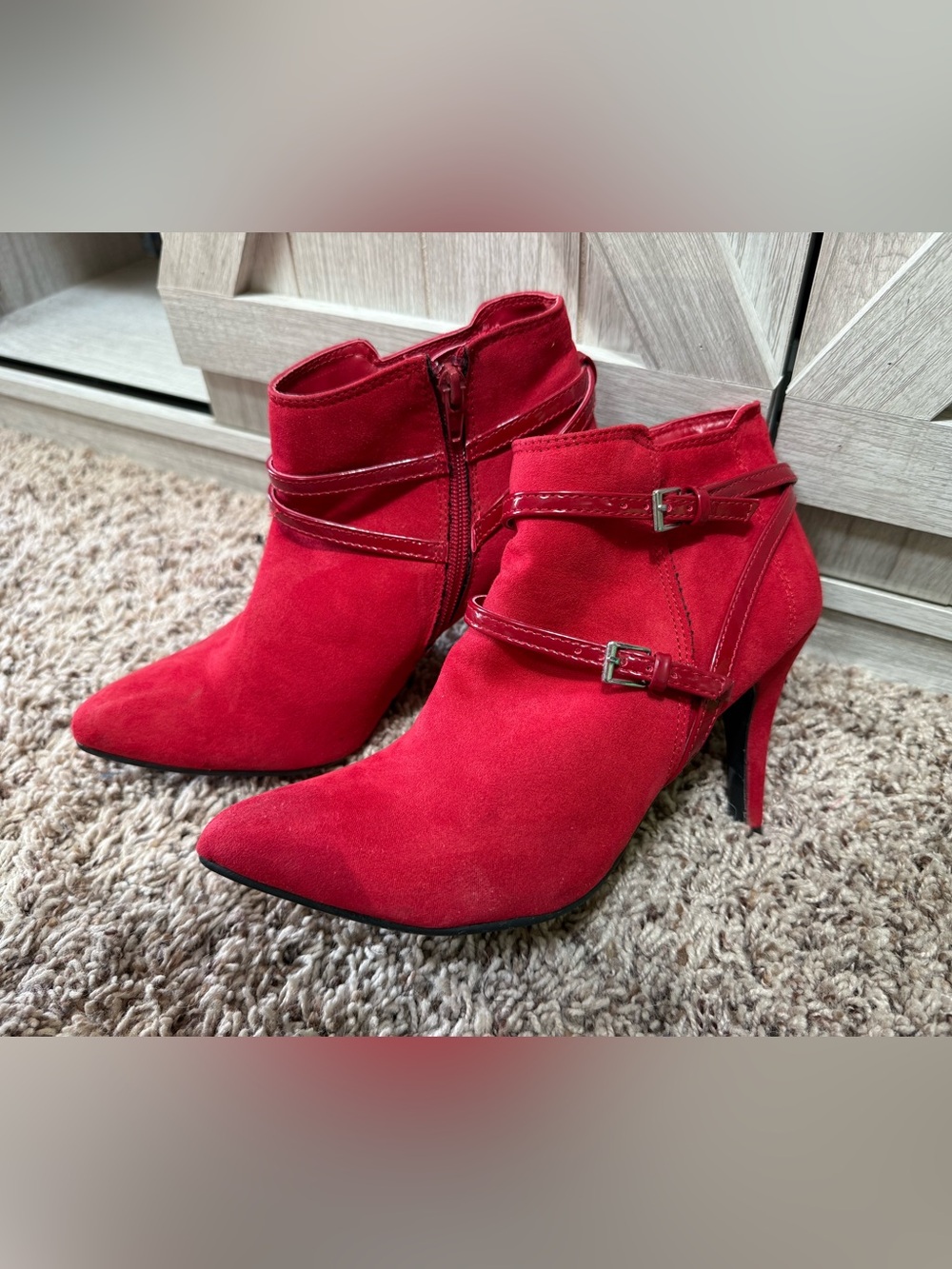 Red Suede Ankle Boots with Buckle Straps - (8) by Me Too